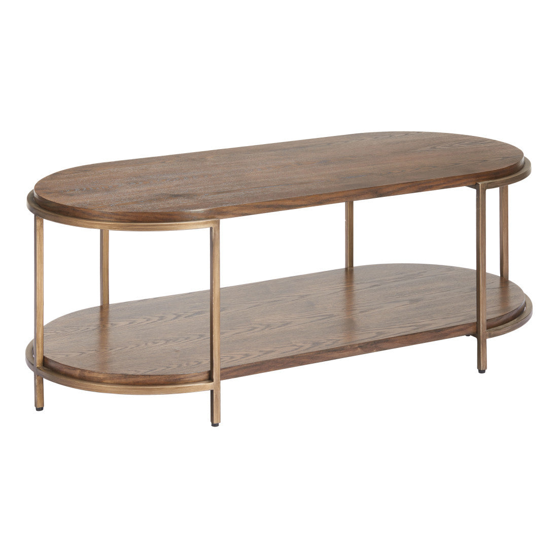 Oval coffee table in warm brown wood with two-tier design and slender steel frame.