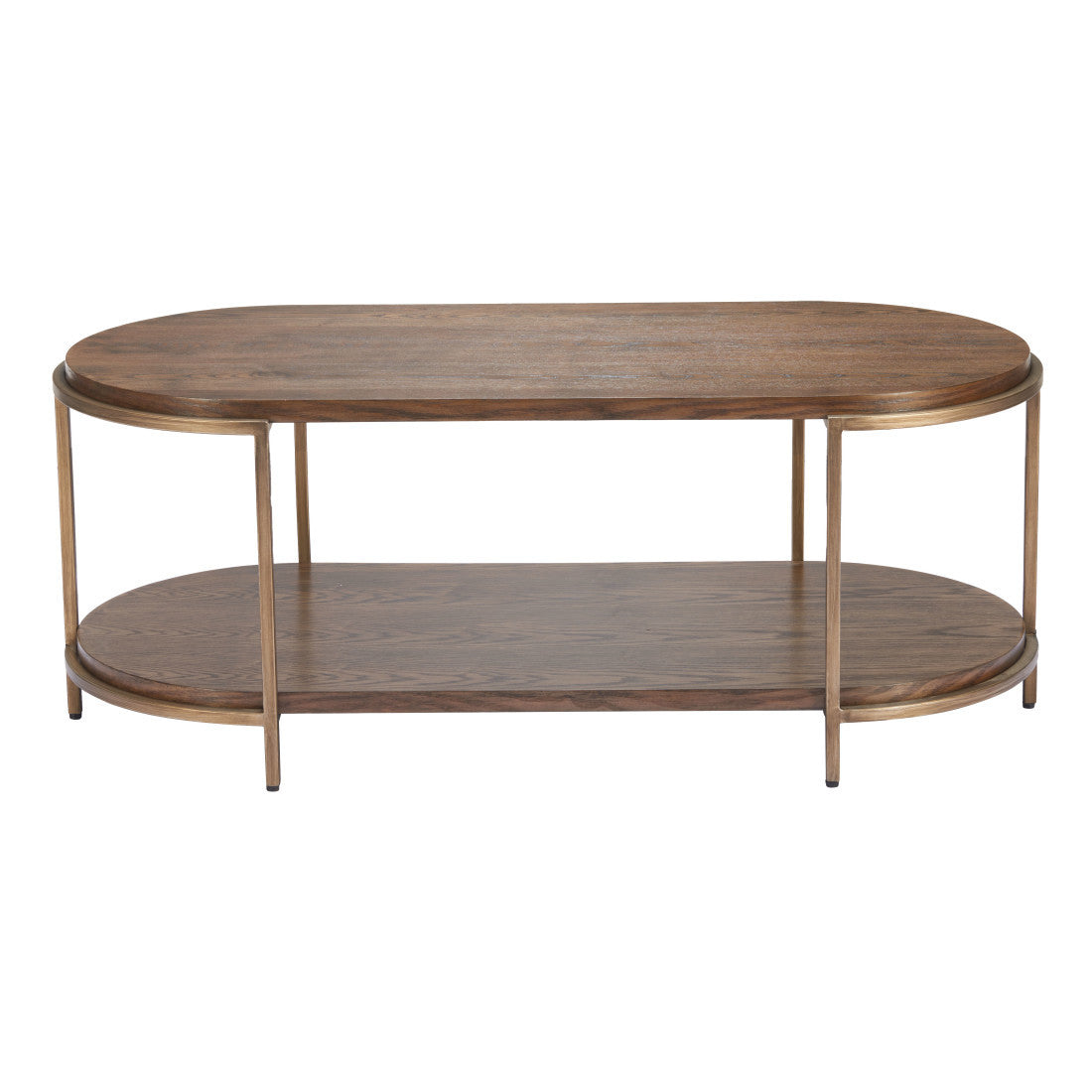 Front view of oval coffee table with warm brown wood top, lower shelf, and steel frame.
