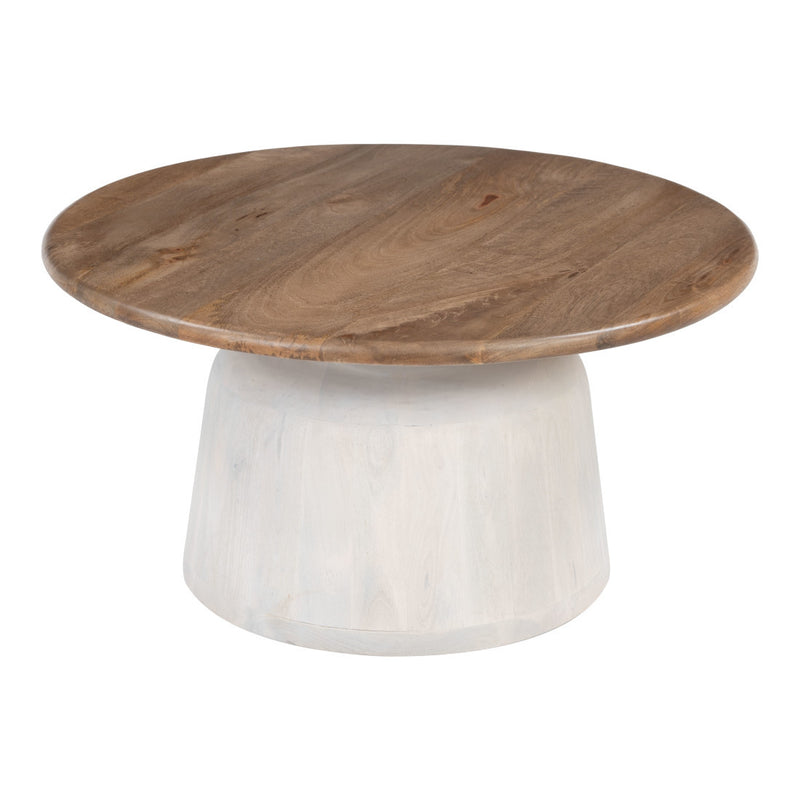 Round wood coffee table with dark brown top and white pedestal base