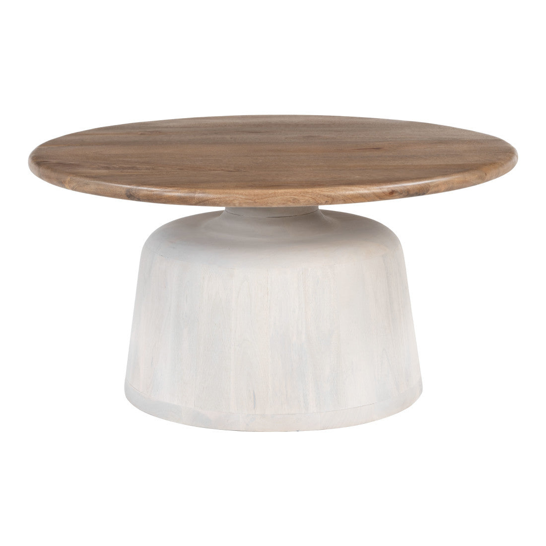 Round coffee table with brown top on a white pedestal base