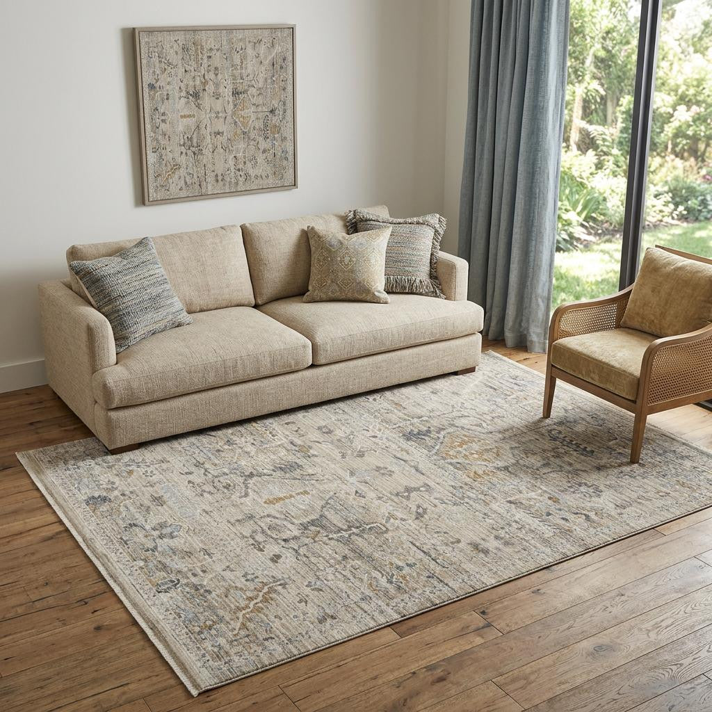 5' X 8' Ivory Black And Taupe Oriental Distressed Area Rug With Fringe - Home & Garden