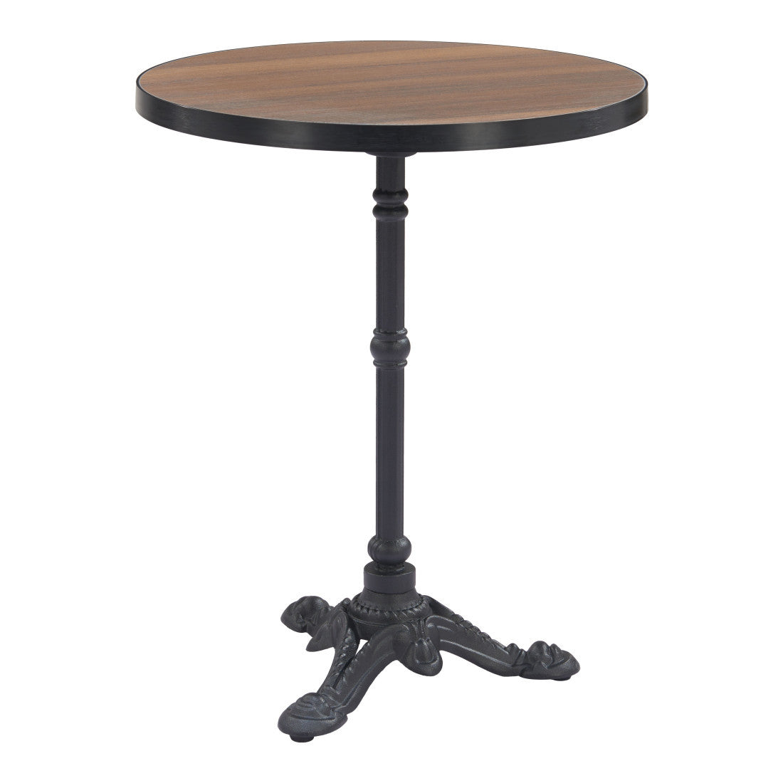 Round dining table with walnut top and ornate black tripod pedestal base