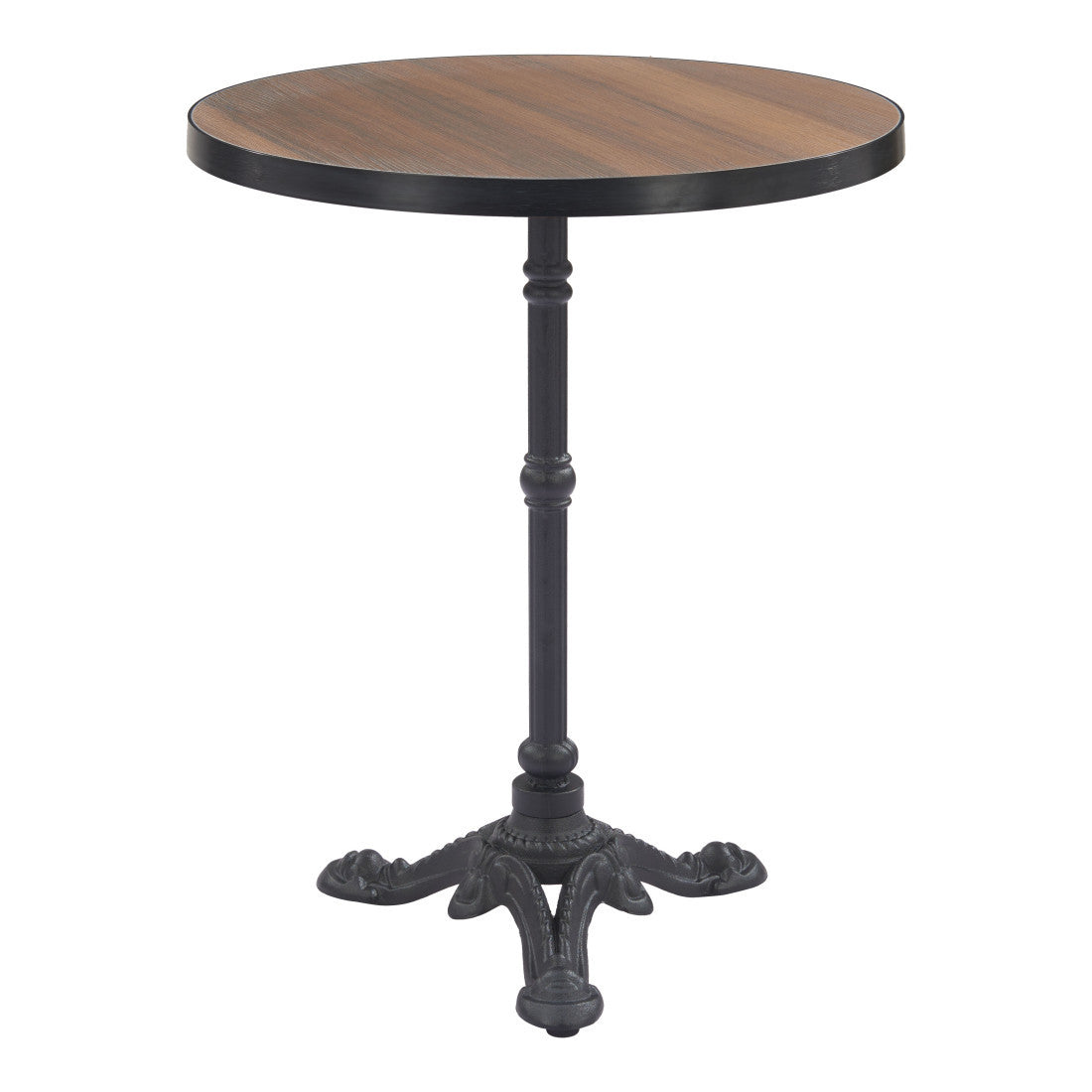 Round dining table with walnut top and black pedestal with turned columns