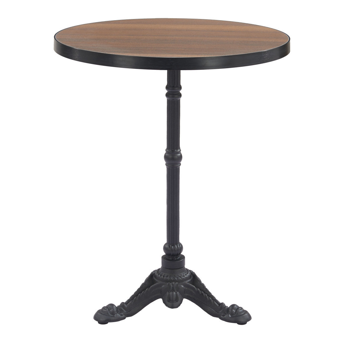 Round dining table with walnut top and black pedestal base with three legs