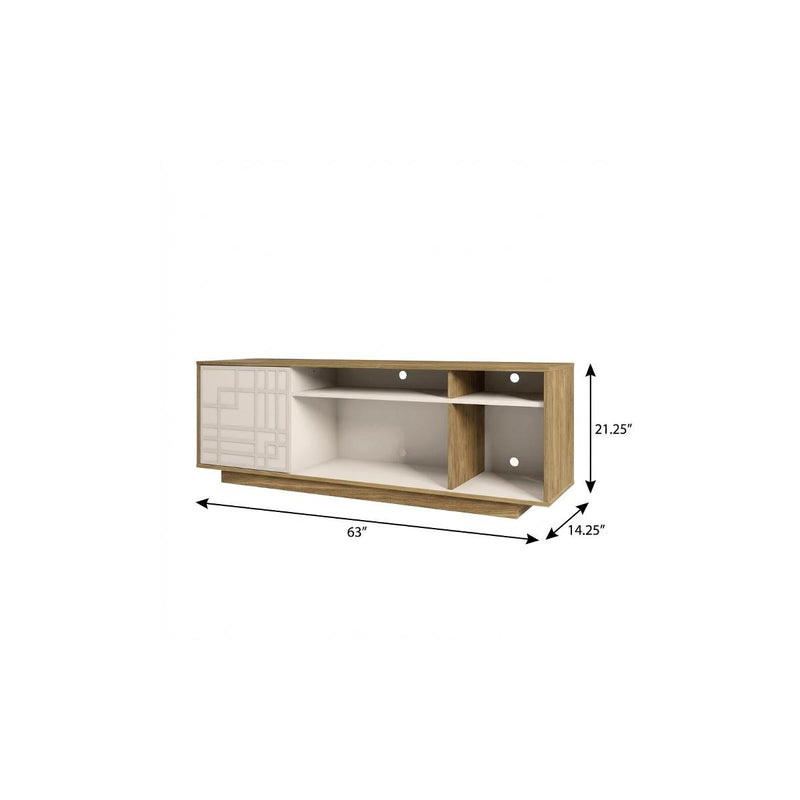 63-inch natural wood TV stand dimensions view with open cubbies and white geometric door