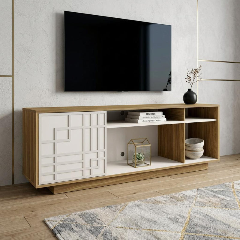 Natural wood TV stand with open shelves and white geometric cabinet door beneath mounted TV