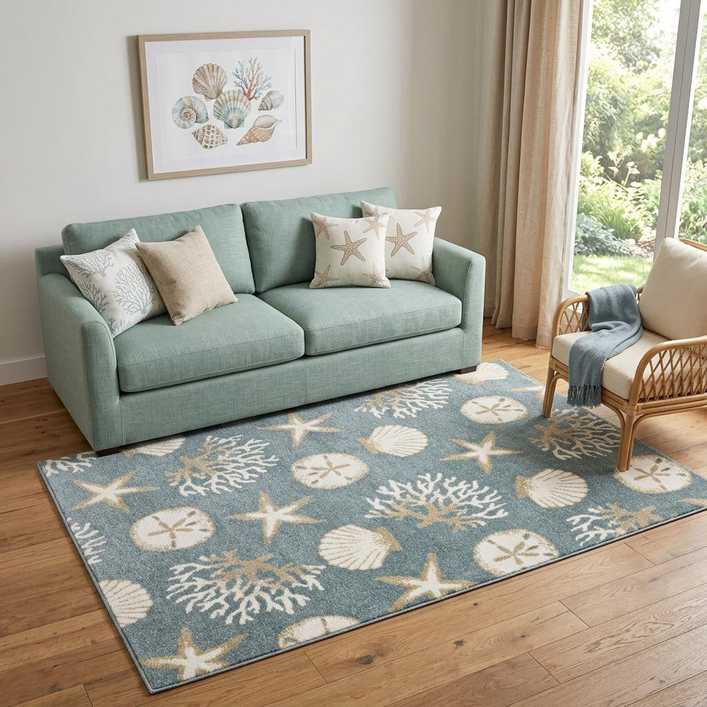 5' X 7' Blue And Beige Seashell and Coral Area Rug - Home & Garden
