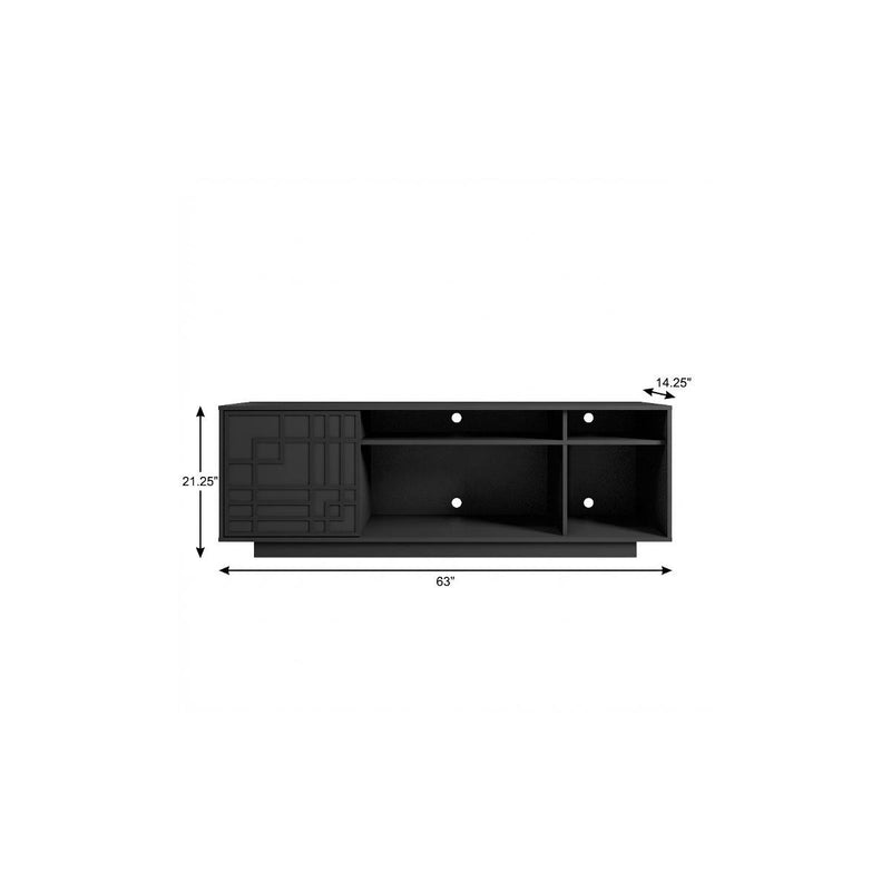 Black TV stand with carved door panel and open shelves; 63 in wide