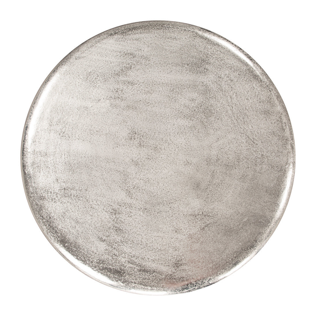 Round silver aluminum pedestal coffee table with round top and four straight legs