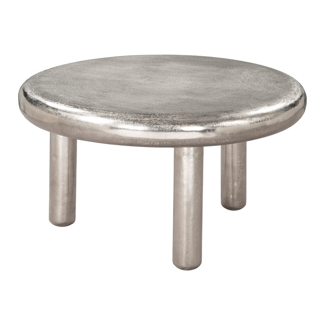 Silver round coffee table top with polished metal finish and four tapered pedestal legs