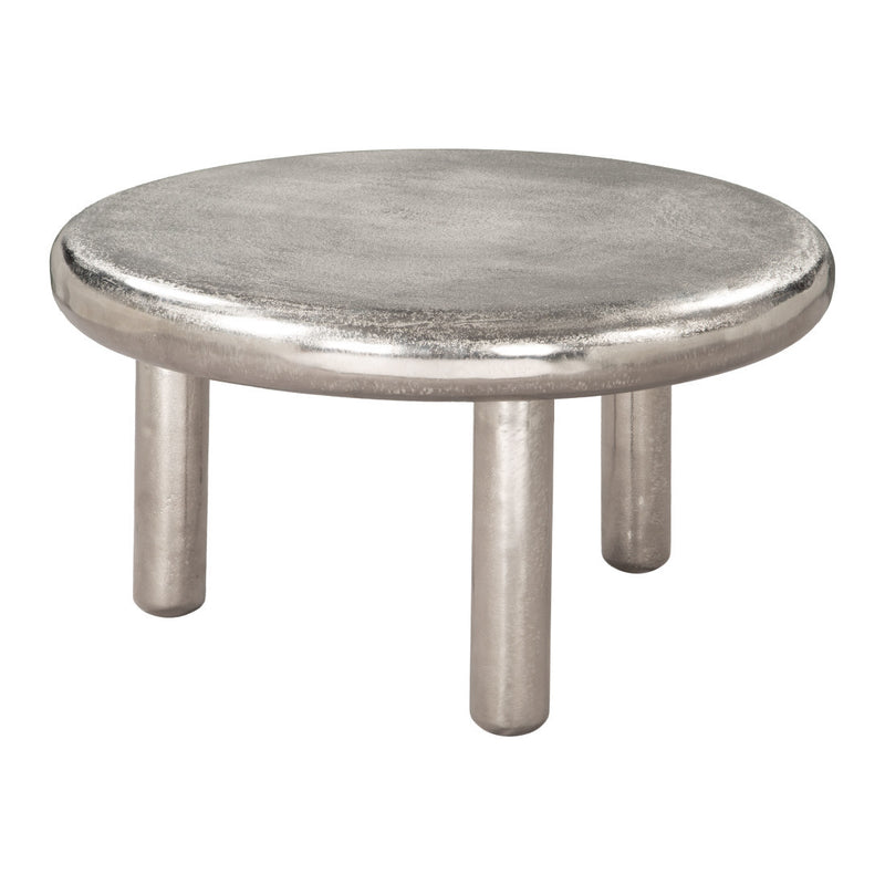 Silver round coffee table top with polished metal finish and four tapered pedestal legs
