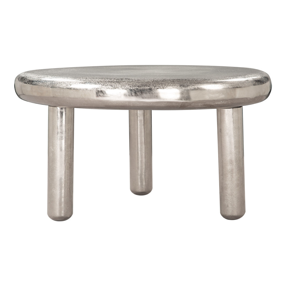 Silver round aluminum coffee table with reflective top and four short pedestal legs