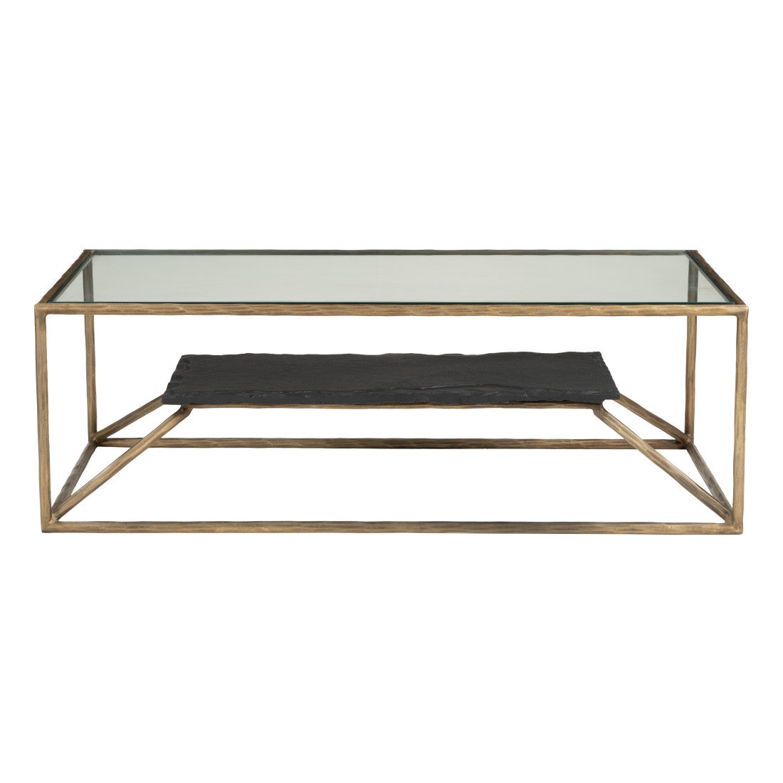 48-inch clear glass coffee table with black slate tray and brass iron frame