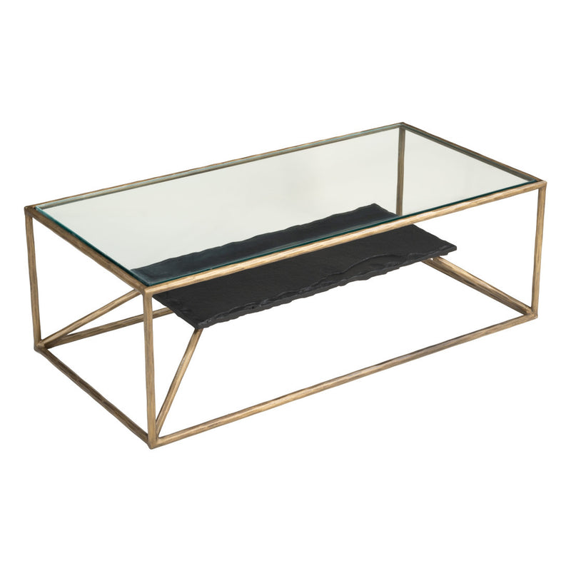 48-inch clear glass coffee table with black slate tray on brass iron frame