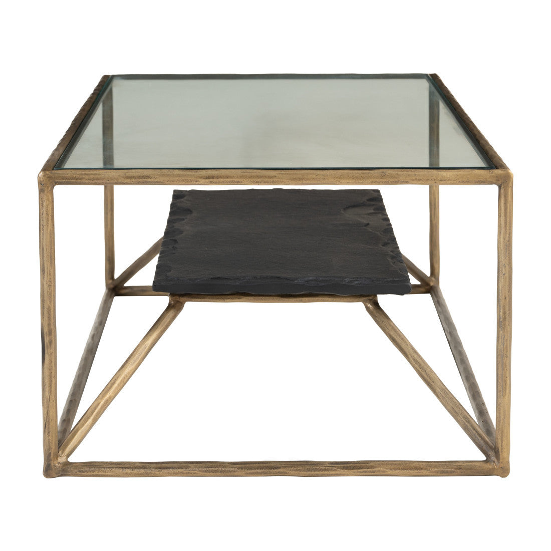 Clear glass coffee table with black slate tray and brass iron frame (front)