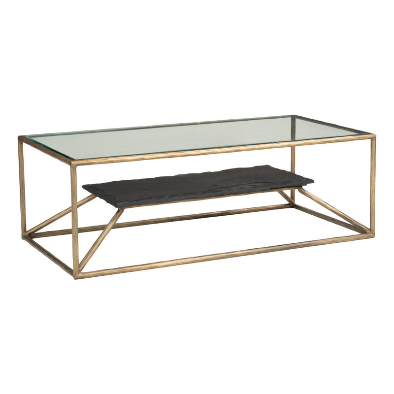 48-inch clear glass coffee table with black slate tray and brass iron base (side)