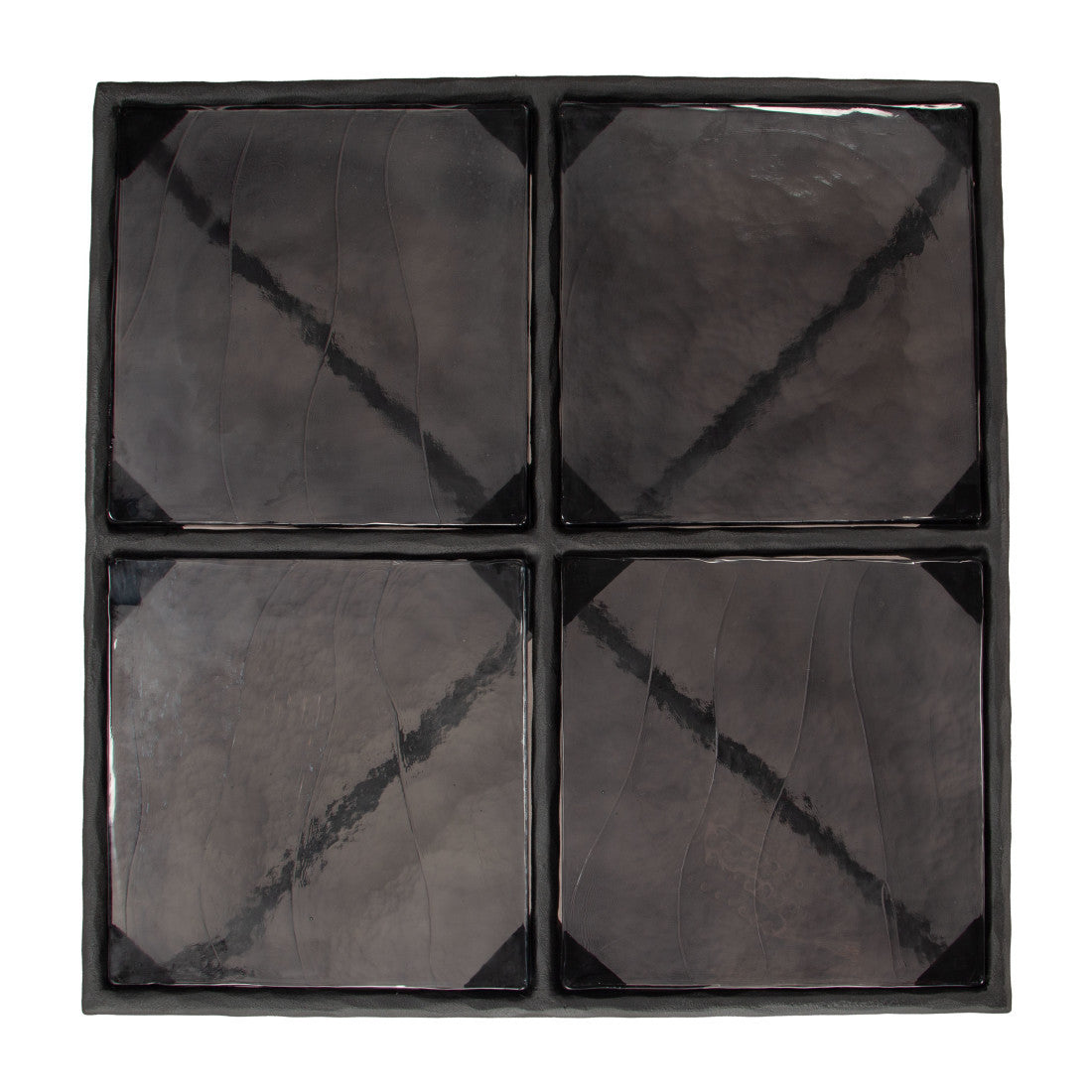 Black glass coffee table top with four square panels and glossy finish