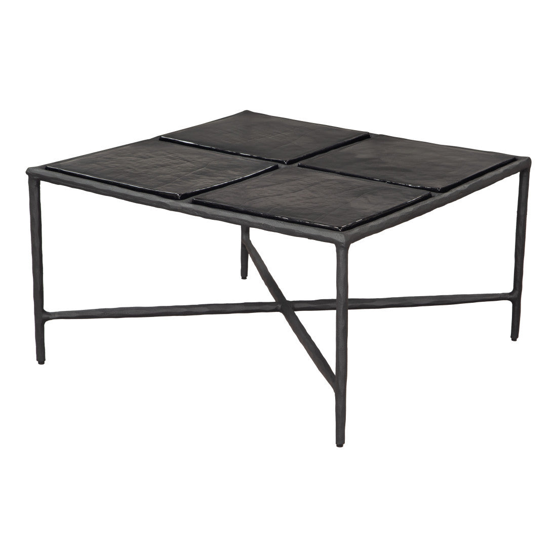 Black square glass coffee table with aluminum frame and four glass panels, 31 in
