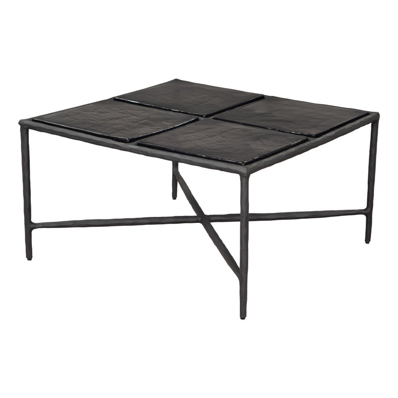 Black square glass coffee table with aluminum frame and four glass panels, 31 in