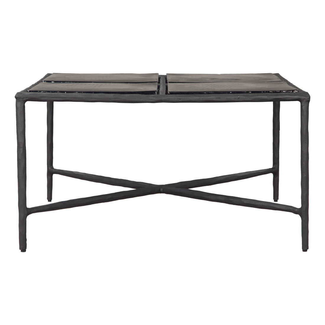 Black square glass coffee table with aluminum frame and crisscross base, 31 in