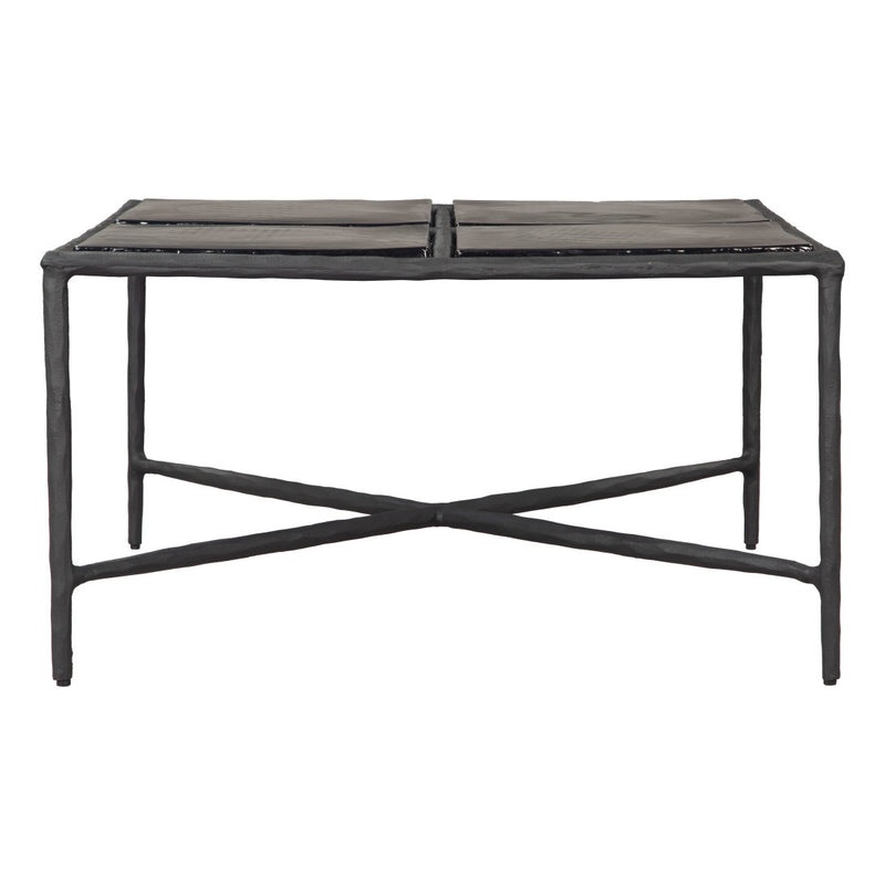 Black square glass coffee table with aluminum frame and crisscross base, 31 in