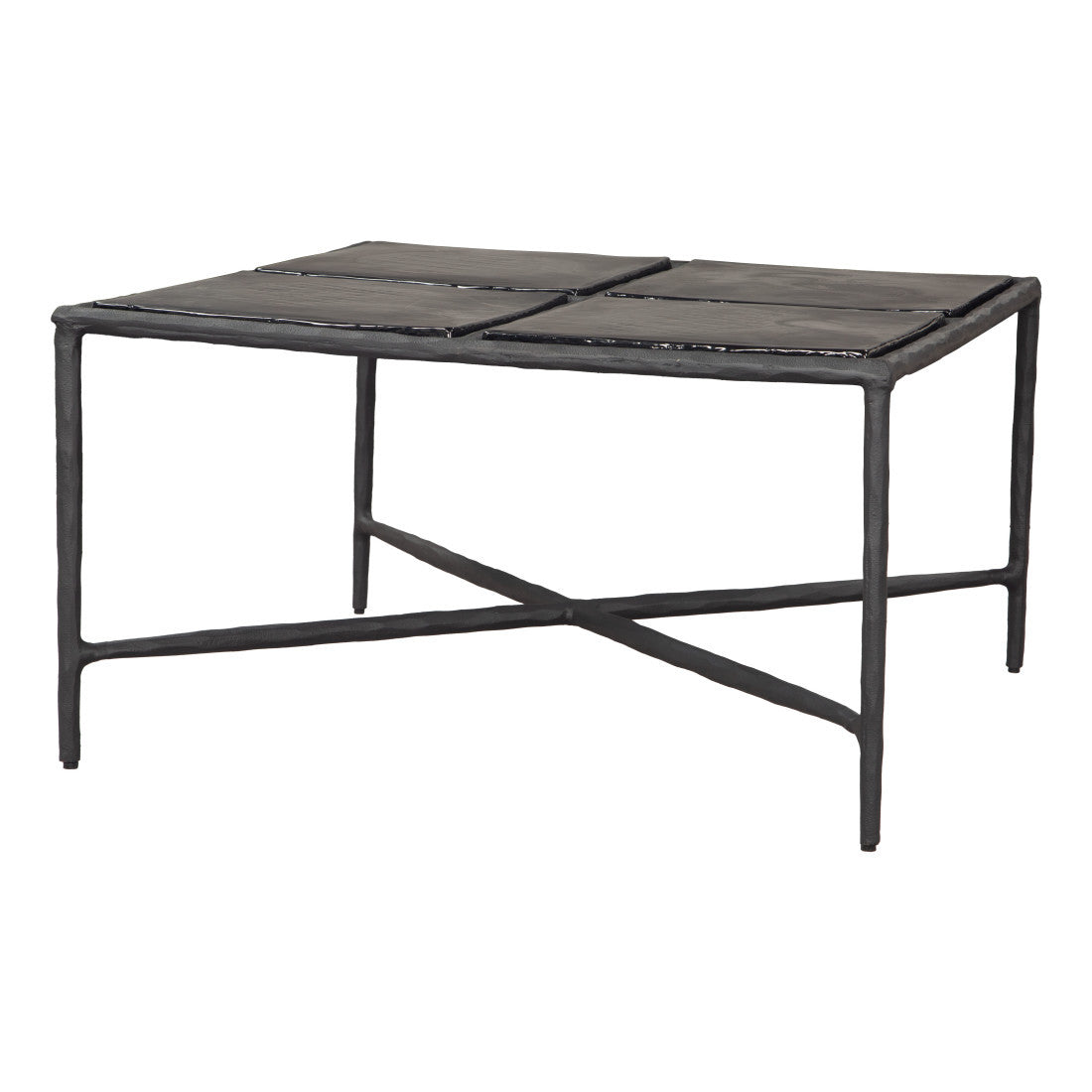 Black square glass coffee table with aluminum frame and four-panel glass top, side view