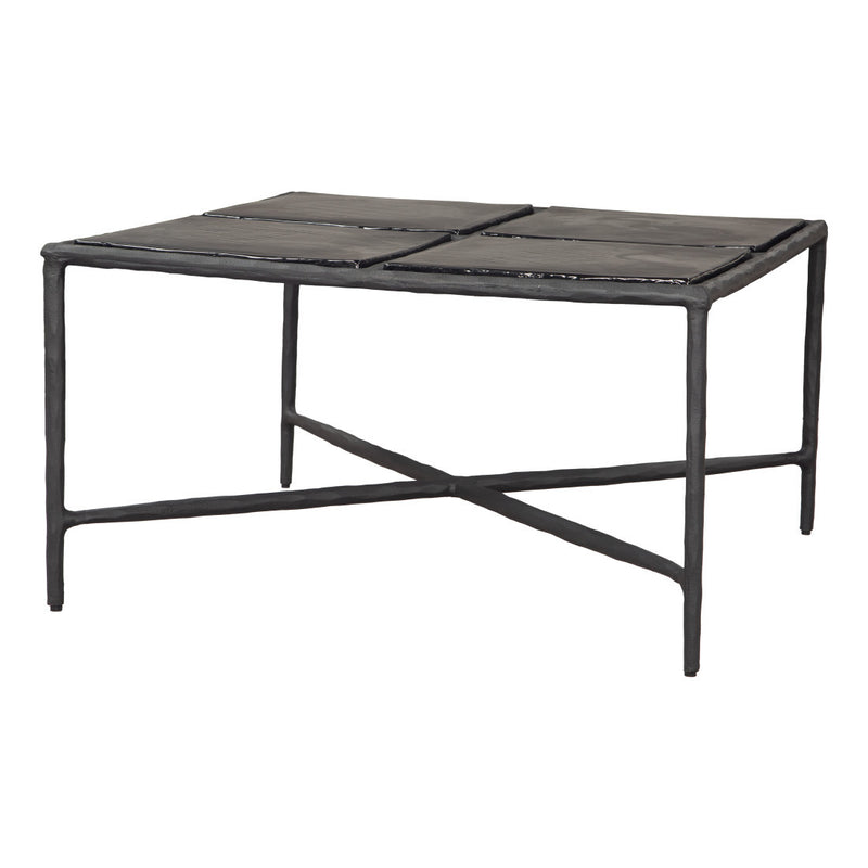 Black square glass coffee table with aluminum frame and four-panel glass top, side view