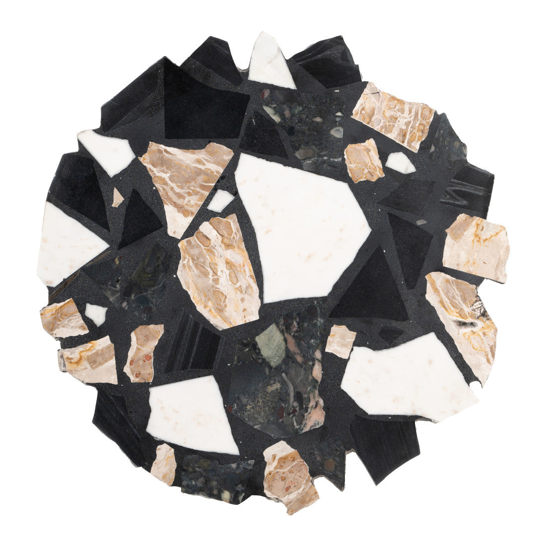 Black, white, and gold terrazzo mosaic coffee table top with irregular tile pattern