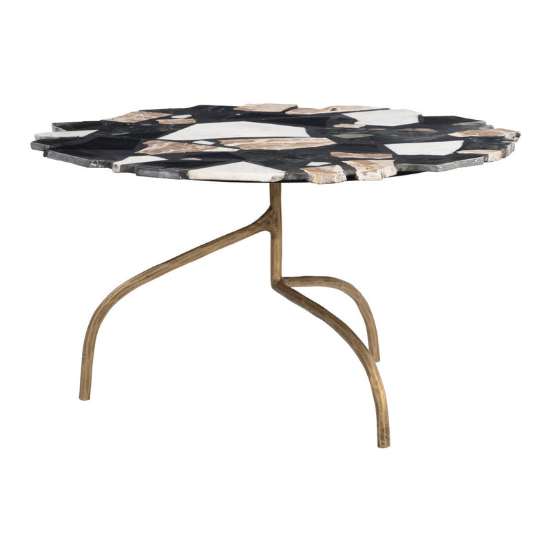 Irregular black and white terrazzo mosaic coffee table top with gold stone flecks and iron frame