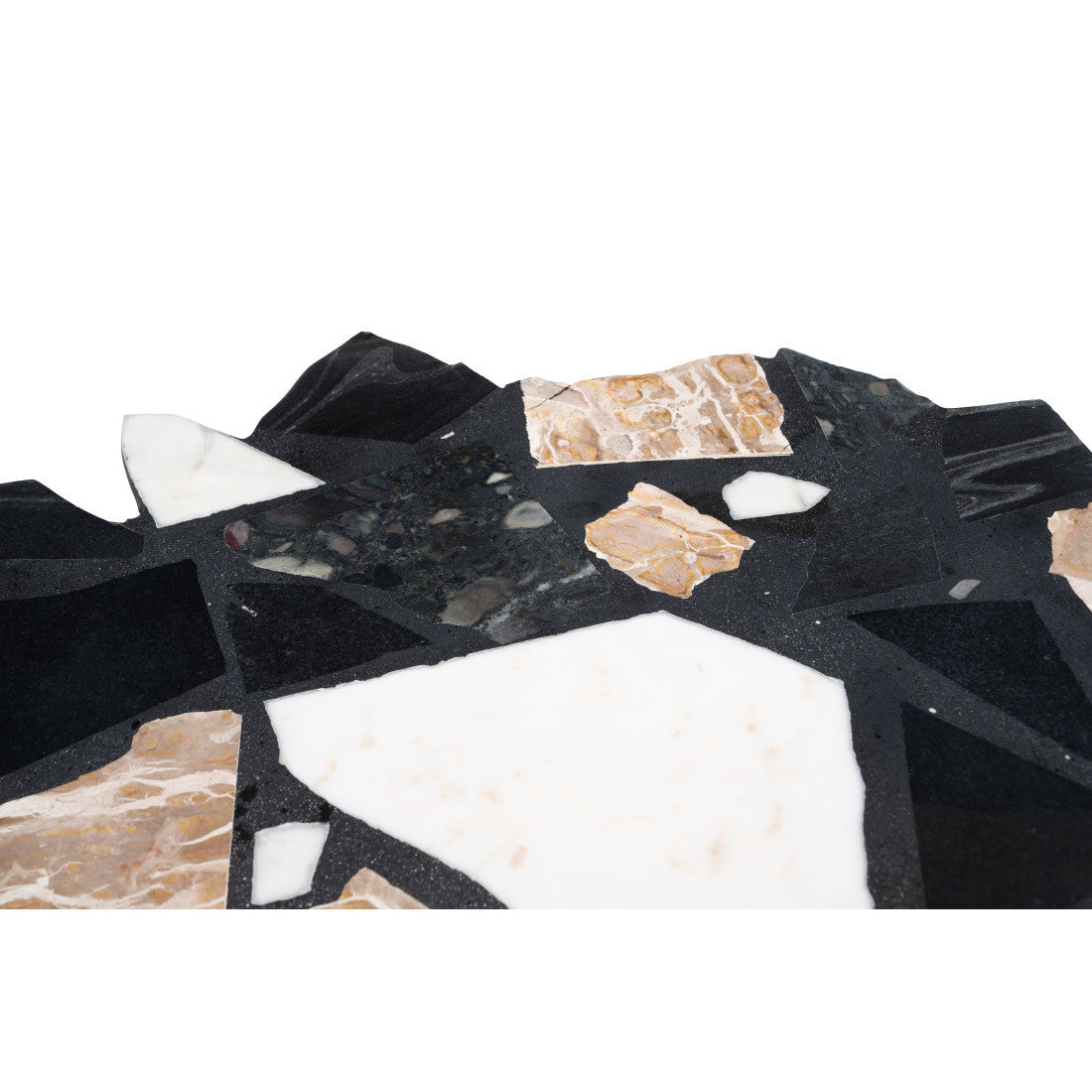 Close-up of black and white terrazzo mosaic coffee table top with gold stone accents