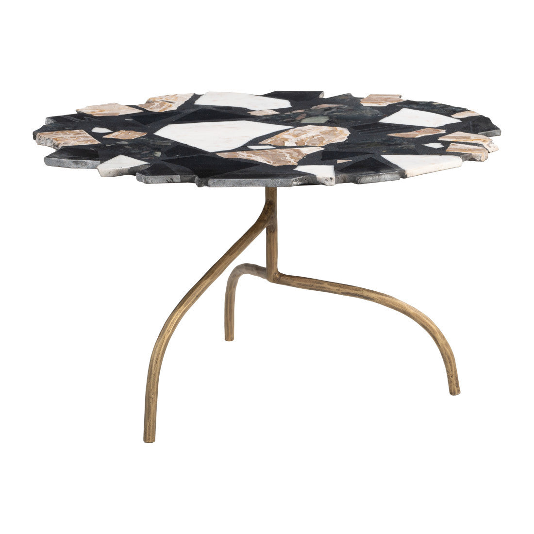 Black, white, and gold terrazzo coffee table with curved iron pedestal legs