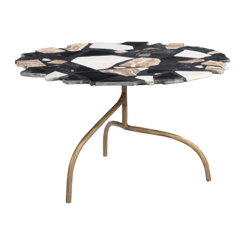 Black, white, and gold terrazzo coffee table with curved iron pedestal legs