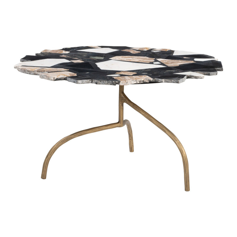 Round-top coffee table with black, white, and gold terrazzo mosaic surface and iron legs