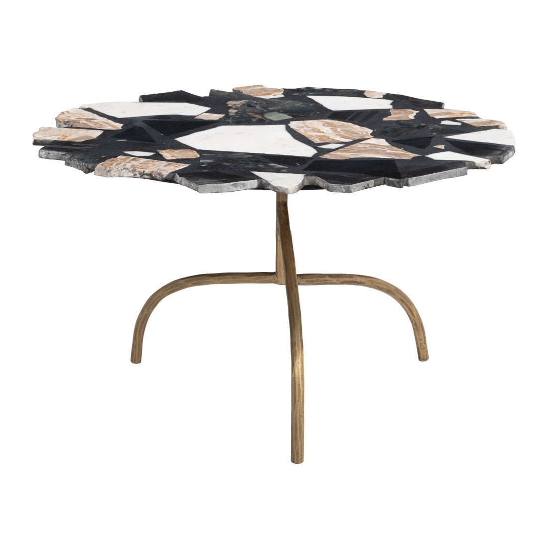 Terrazzo coffee table with irregular black, white, and gold tile top and bronze-toned pedestal