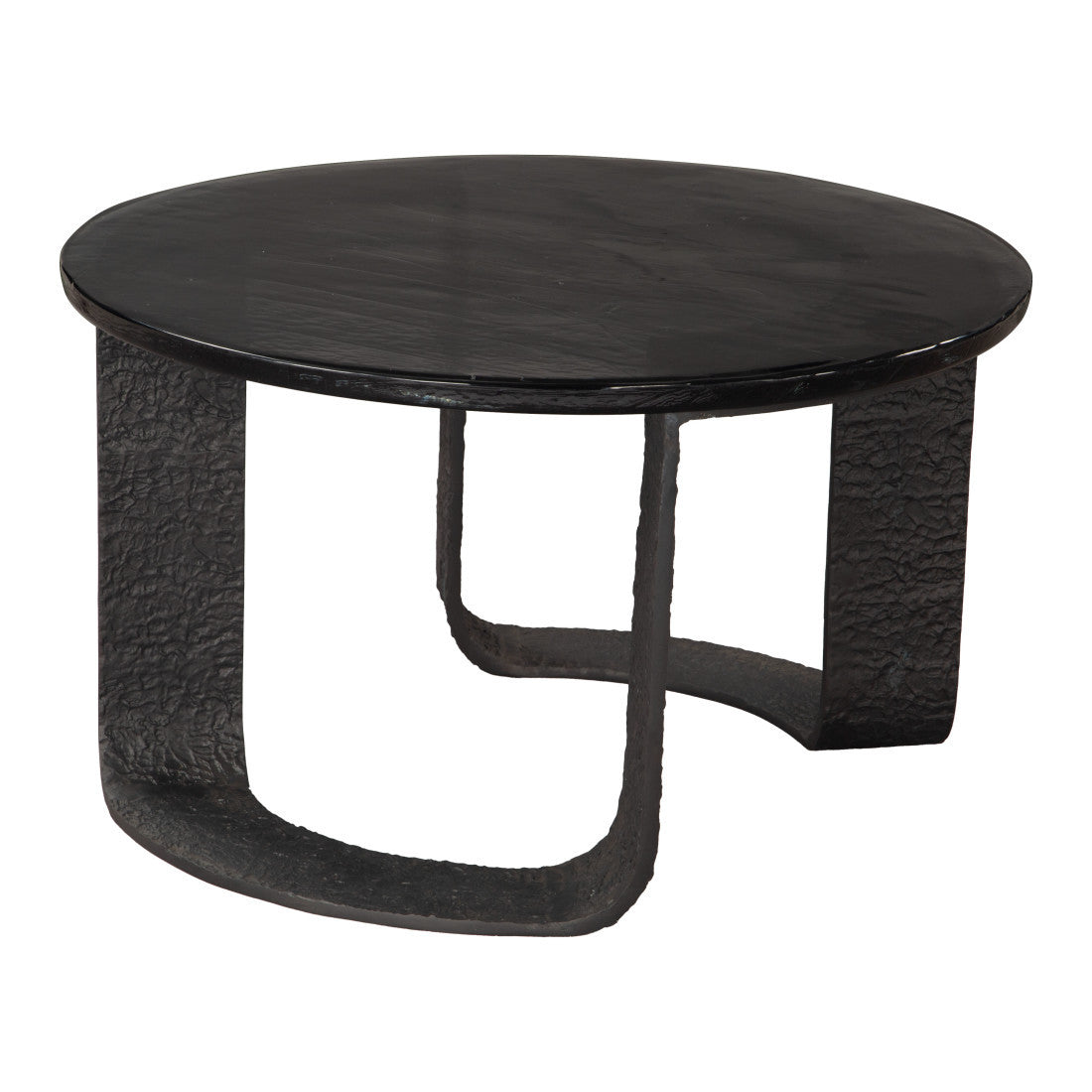 Black round coffee table showing curved pedestal legs beneath the tabletop