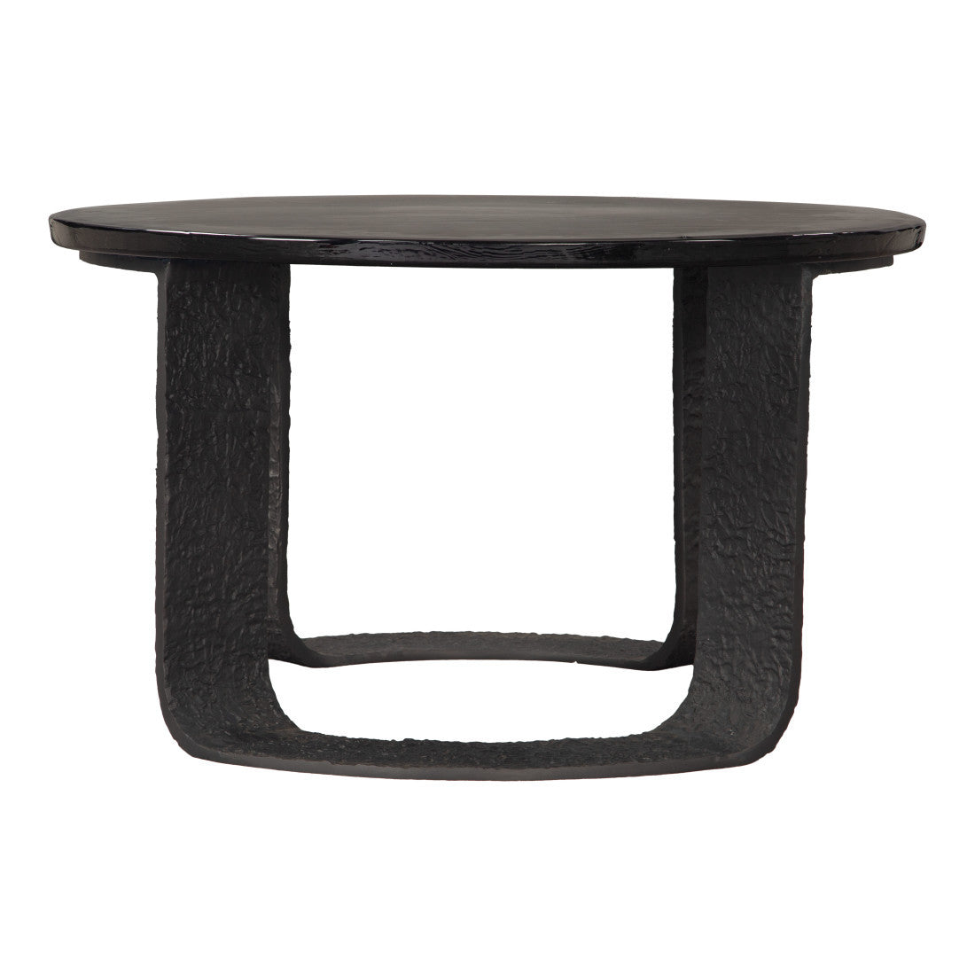 Black round coffee table with wide pedestal base and dark circular top