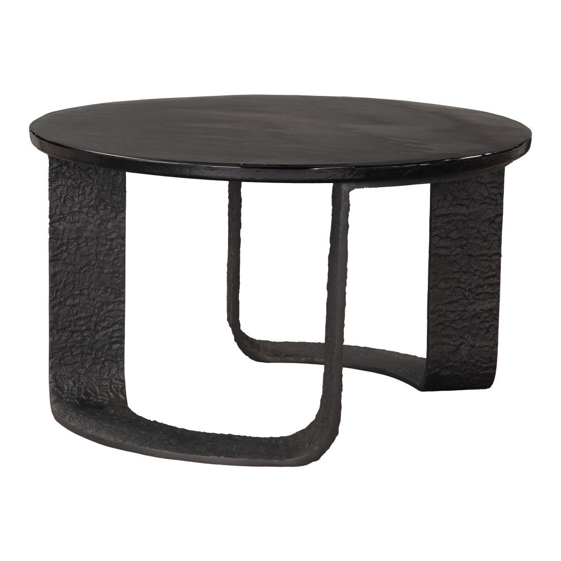 Black round pedestal coffee table with two sculpted legs and dark tabletop