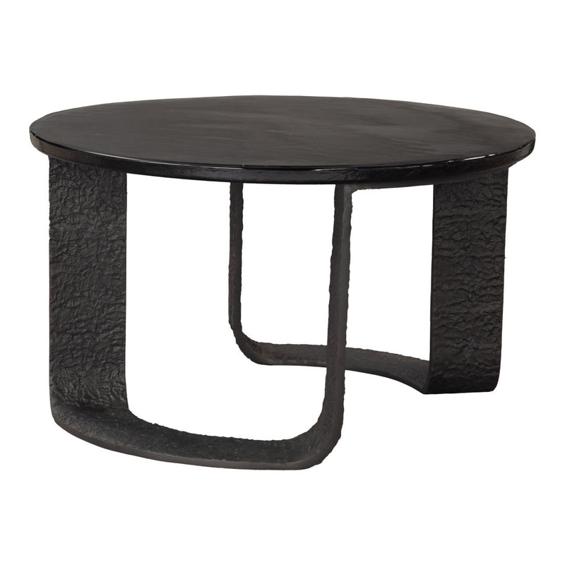 Black round pedestal coffee table with two sculpted legs and dark tabletop