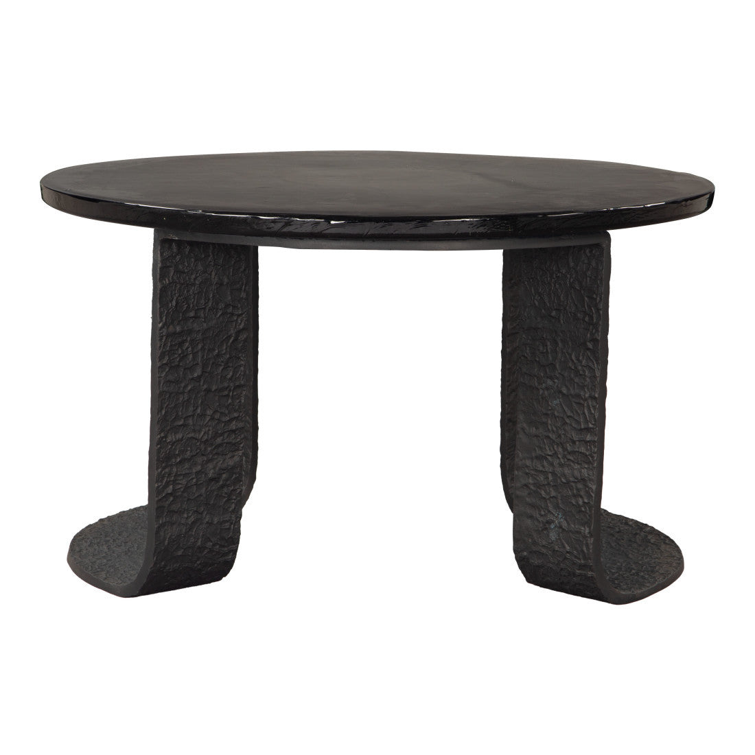 Black round pedestal coffee table with flat circular top and sculpted base