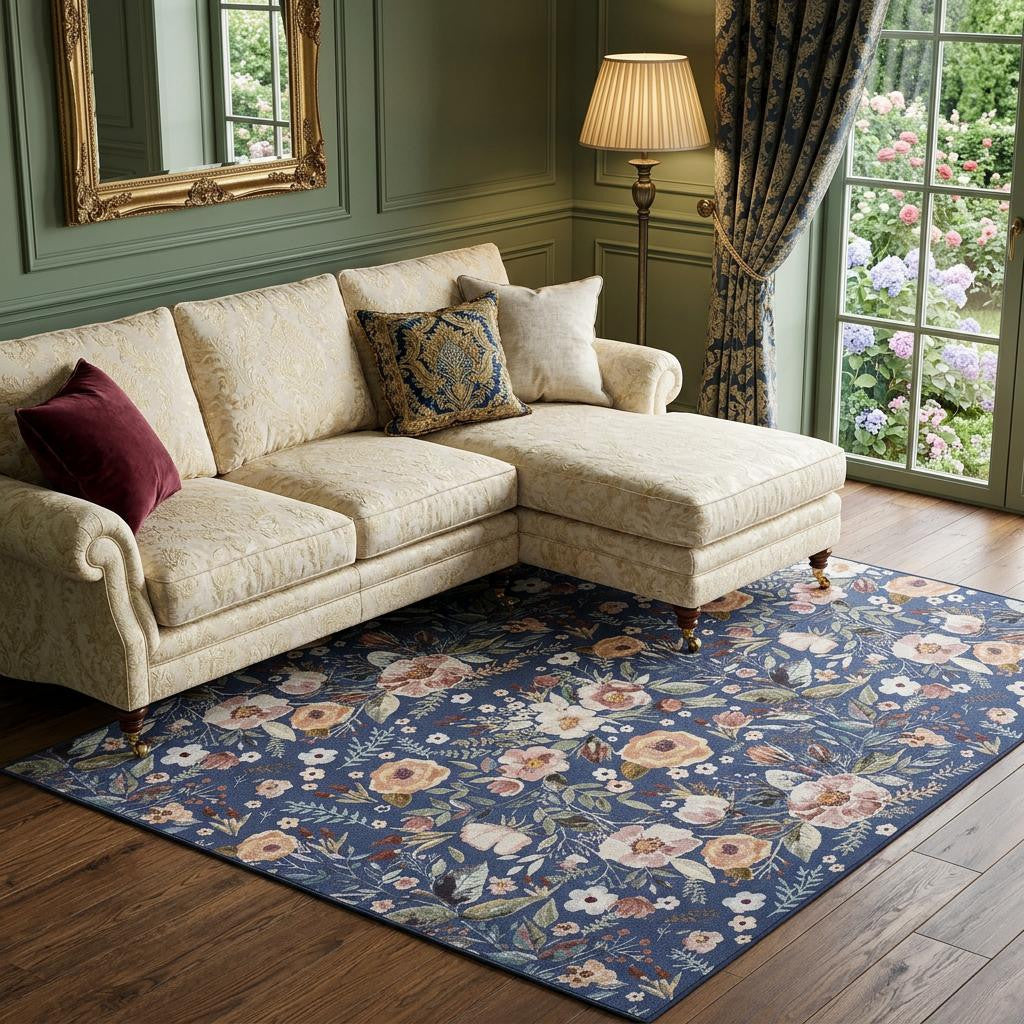6' X 9' Blue and Green Floral Power Loom Washable Non Skid Area Rug - Home & Garden