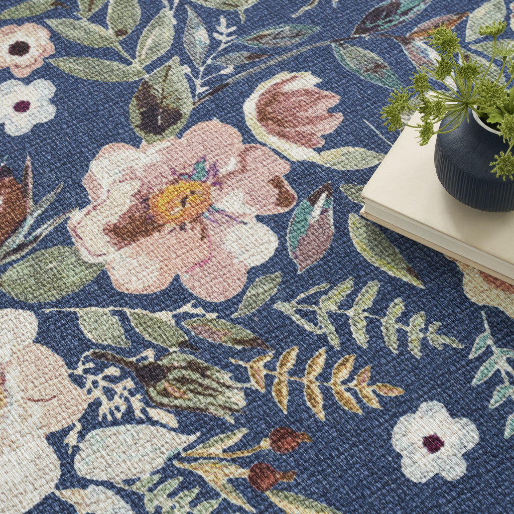 6' X 9' Blue and Green Floral Power Loom Washable Non Skid Area Rug - Home & Garden