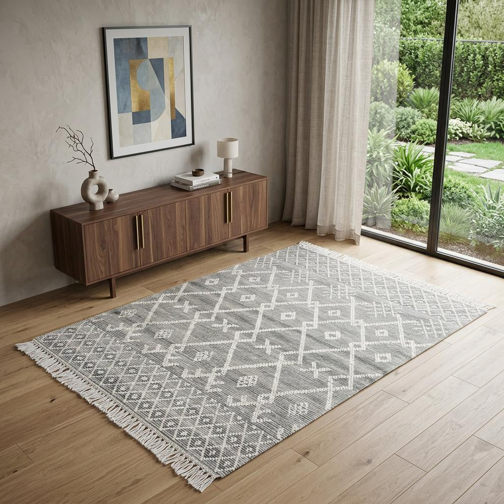 4' X 6' Gray and Ivory Geometric Hand Woven Area Rug With Fringe - Home & Garden