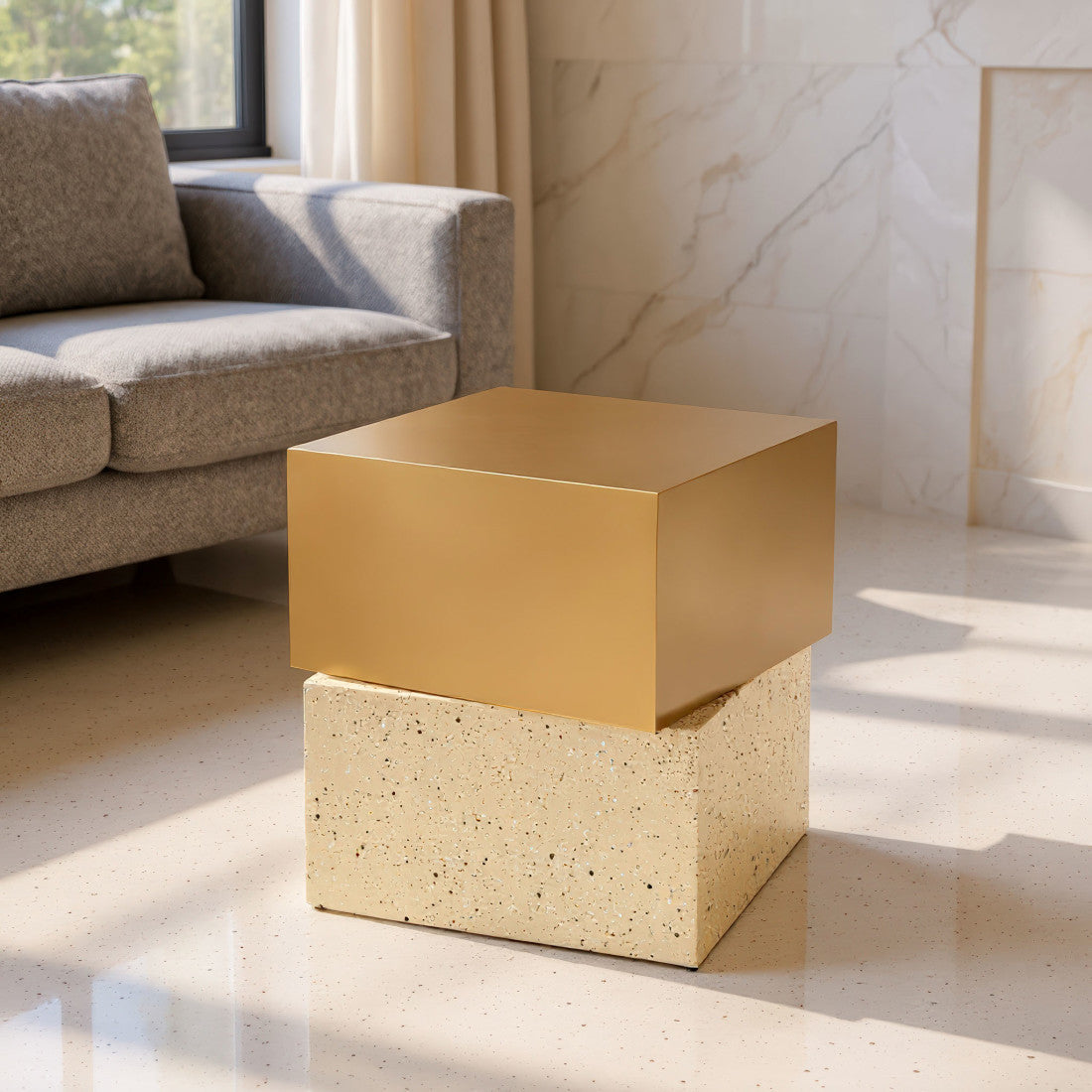 20" Gold and Beige Faux Terrazzo and Iron Free Form Pedestal End Table - Living Room