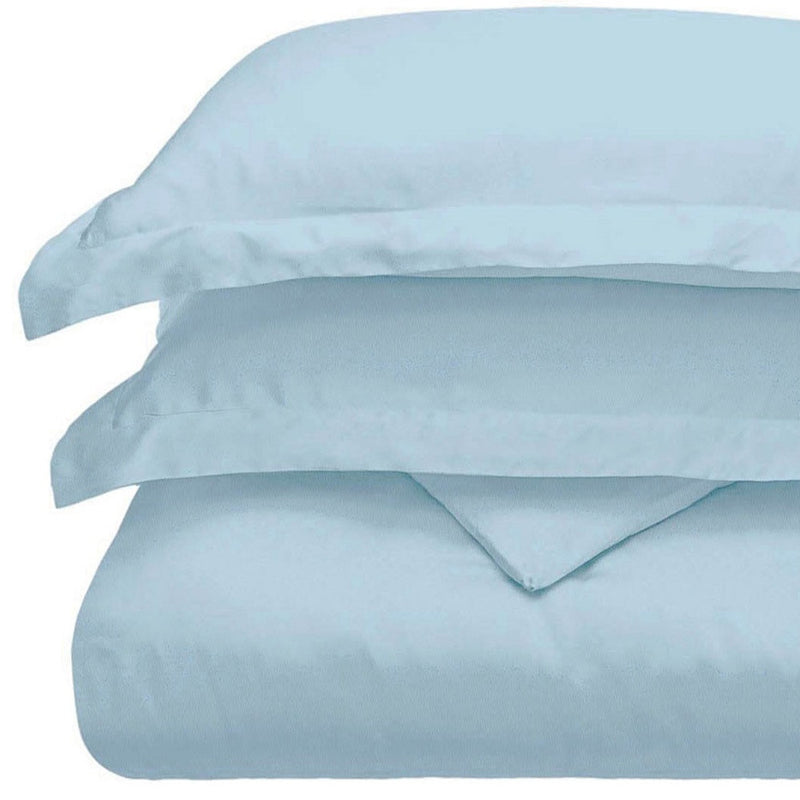 Light blue queen duvet cover set with two shams, neatly folded