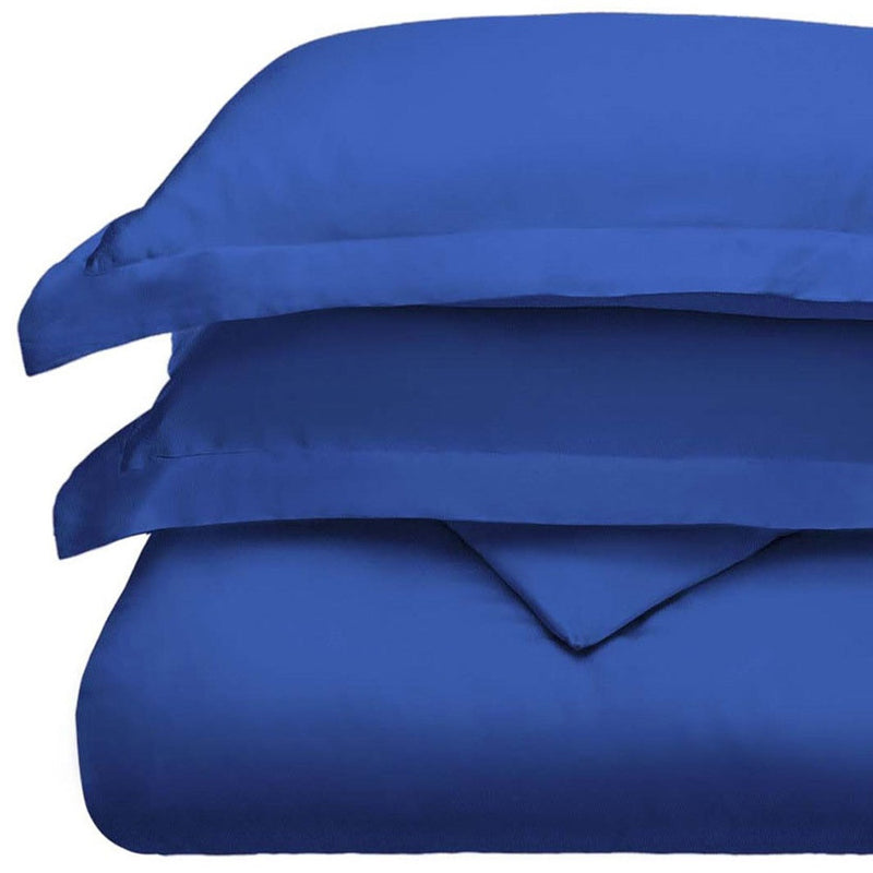 Blue duvet cover set with layered flap and seam, angled close-up