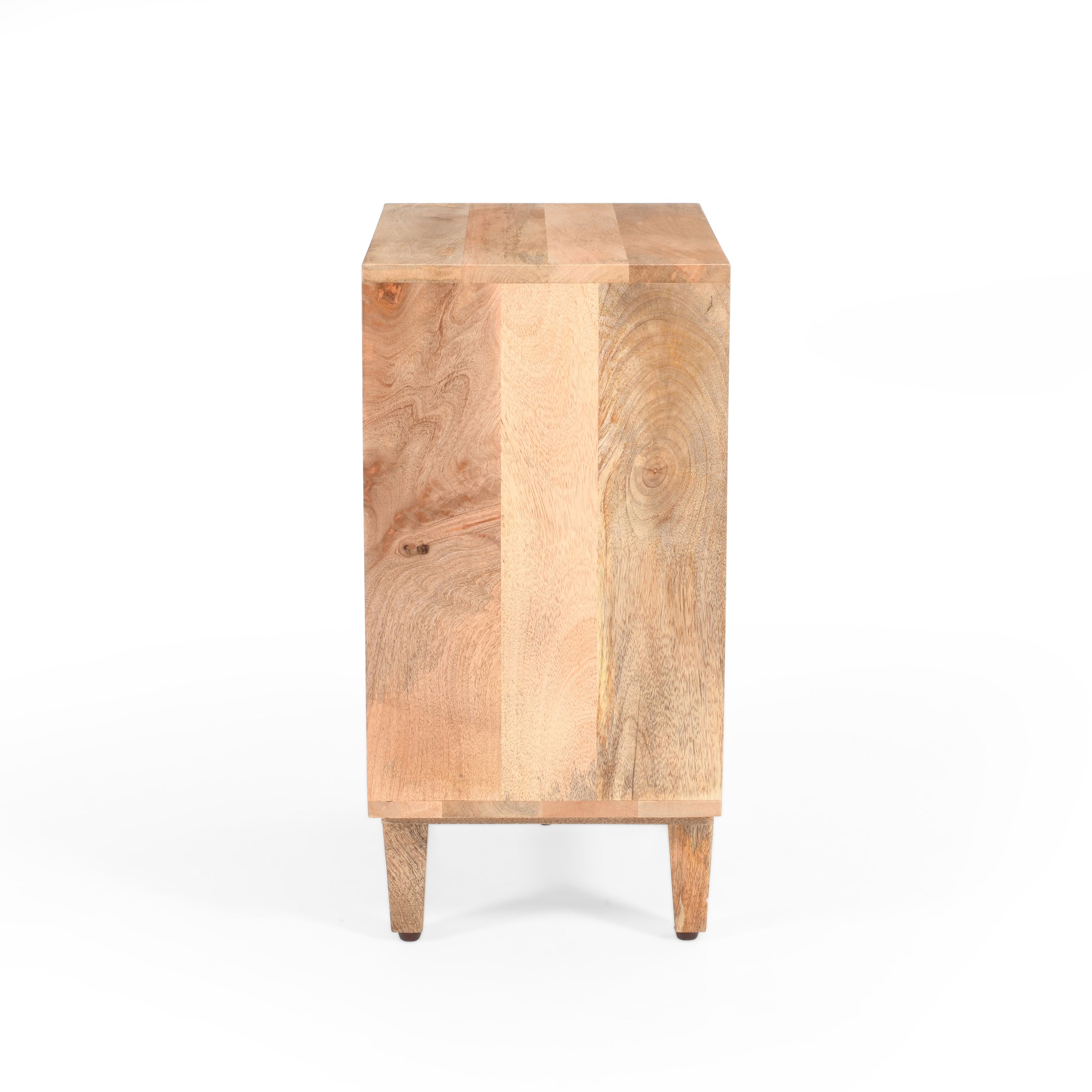 Natural solid wood nightstand with one drawer and curved black drawer pull.