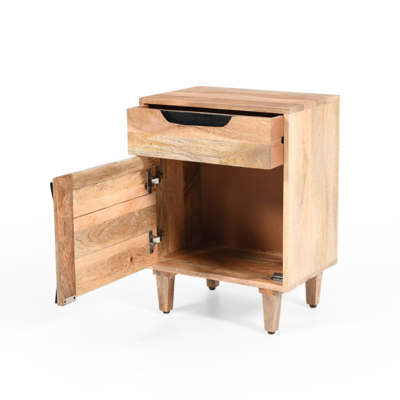 Natural solid wood nightstand with open drawer showing interior and metal slides.