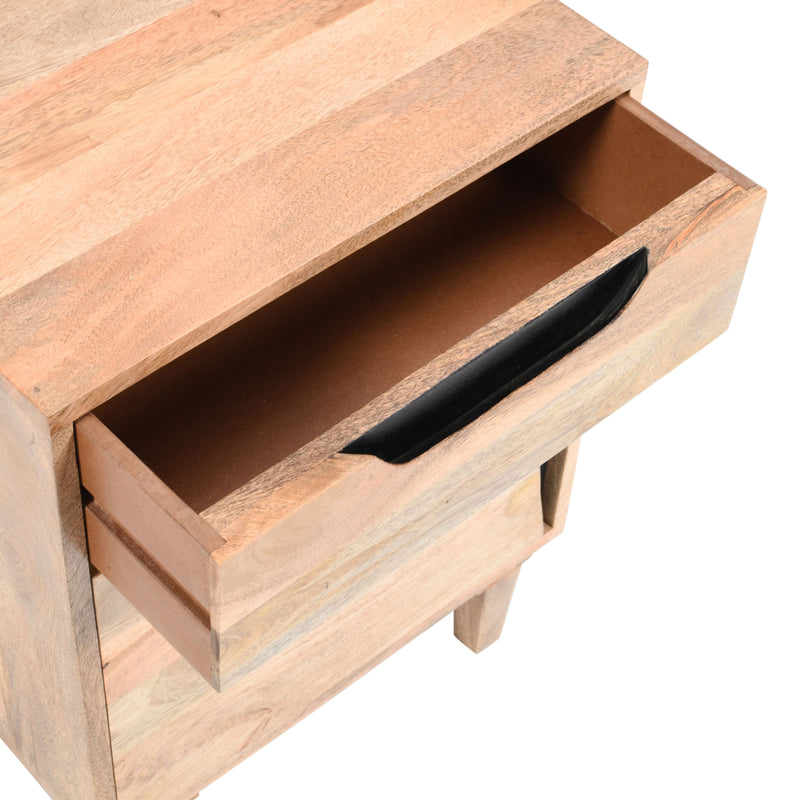 Natural solid wood nightstand drawer opened, showing empty interior and black handle.