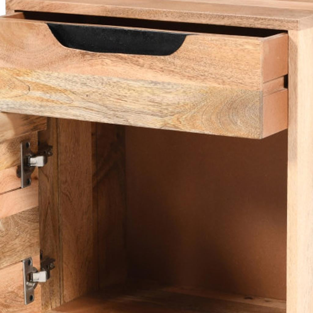 Natural solid wood nightstand drawer open, showing metal hardware and dark drawer pull.