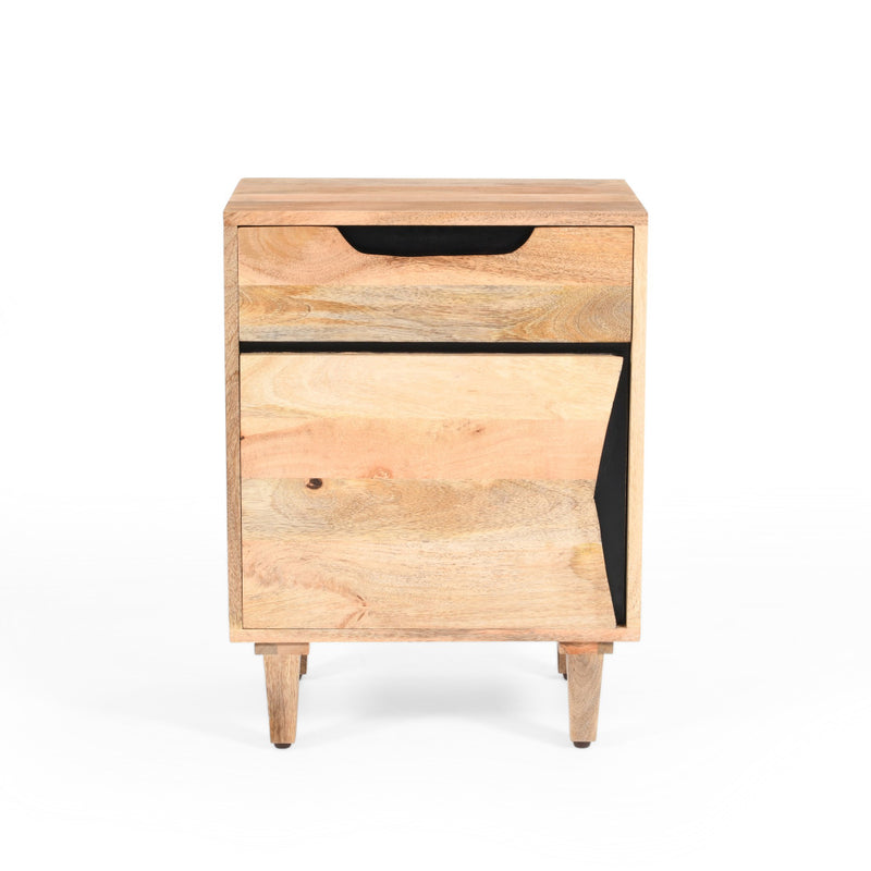Natural solid wood nightstand with one drawer front and black pull handle.